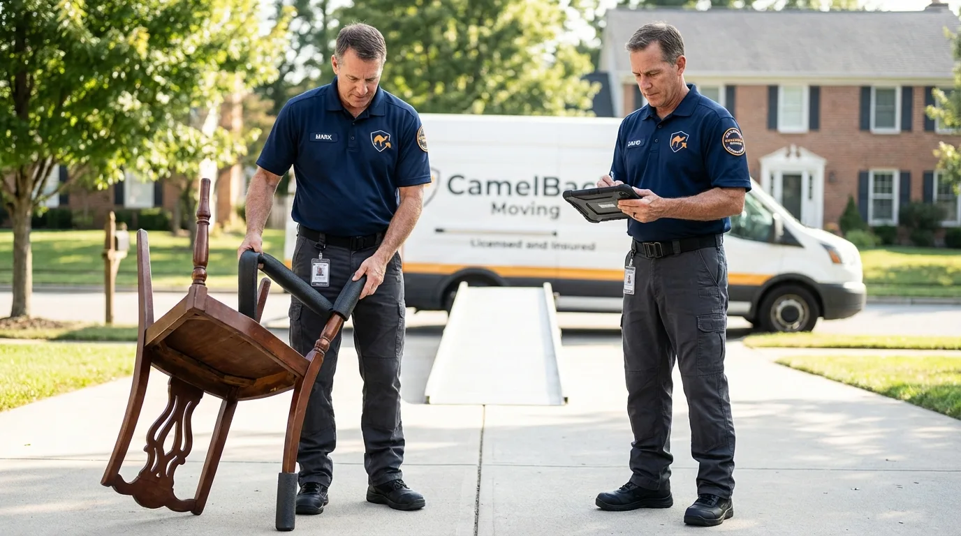 Movers inspecting furniture for damage prevention before loading in Maysville, KY