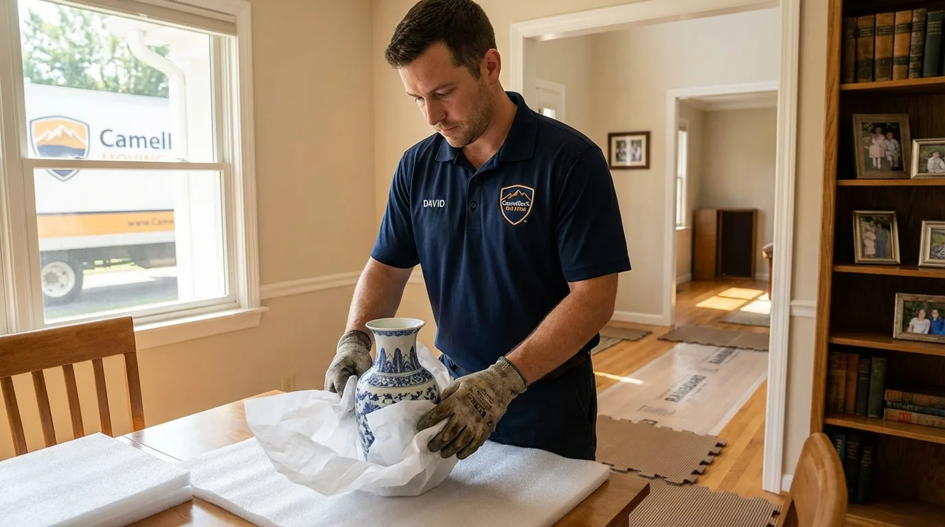 Professional crew carefully wrapping antique vase for senior downsizing move in Maysville, KY